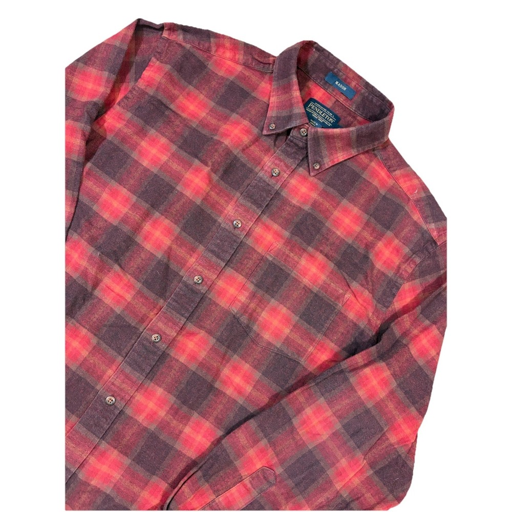 Pendleton Mason Flannel Shirt Mens L Red Burgundy Plaid Excellent Cotton‎ Button